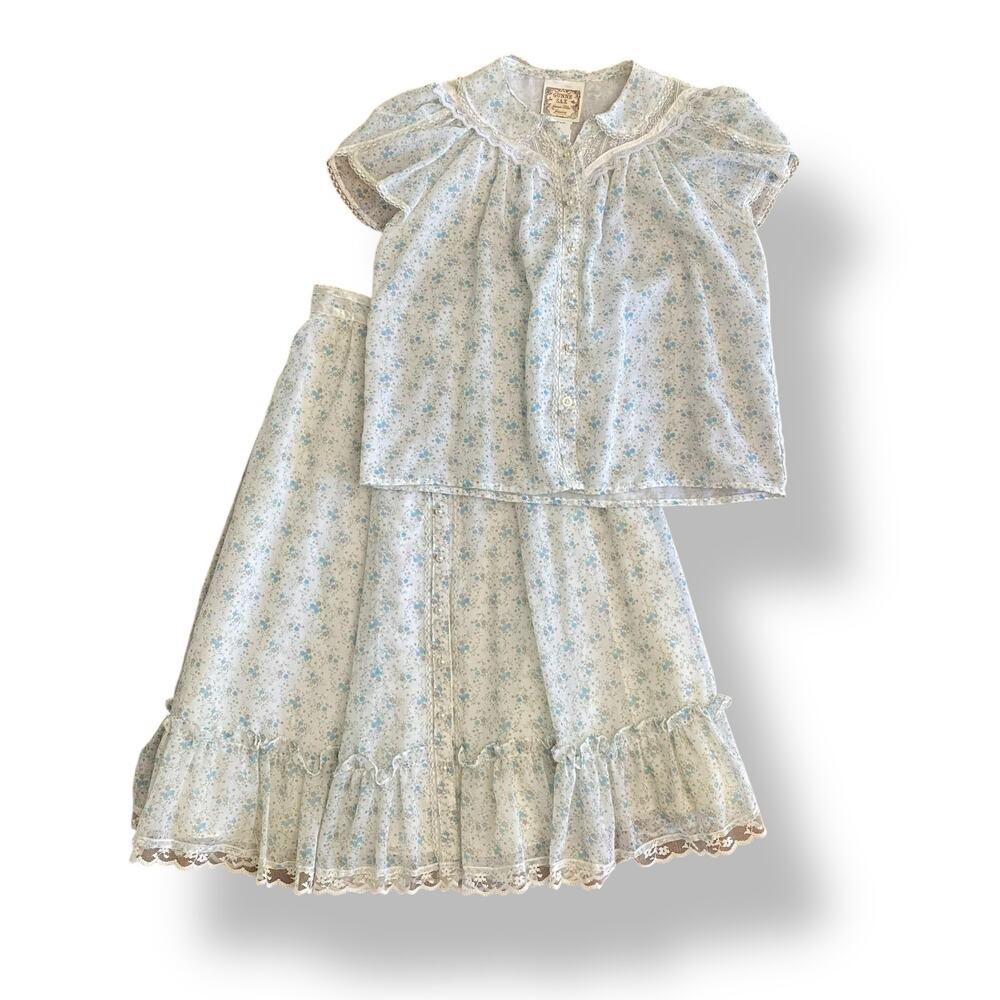 Gunne Sax Jeunes Filles Vintage 1970 Cream Blue Floral Ruffled Skirt Set Size 14 - Picture 1 of 16